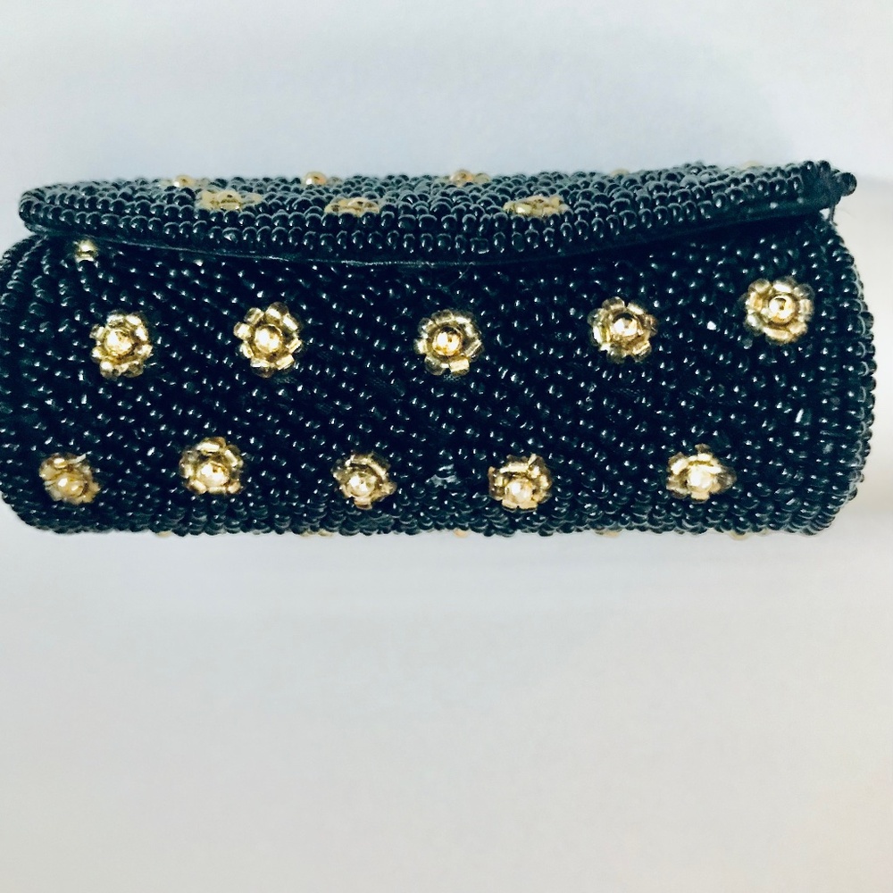 Lipstick case beaded black with gold tone studs with mirror new never used